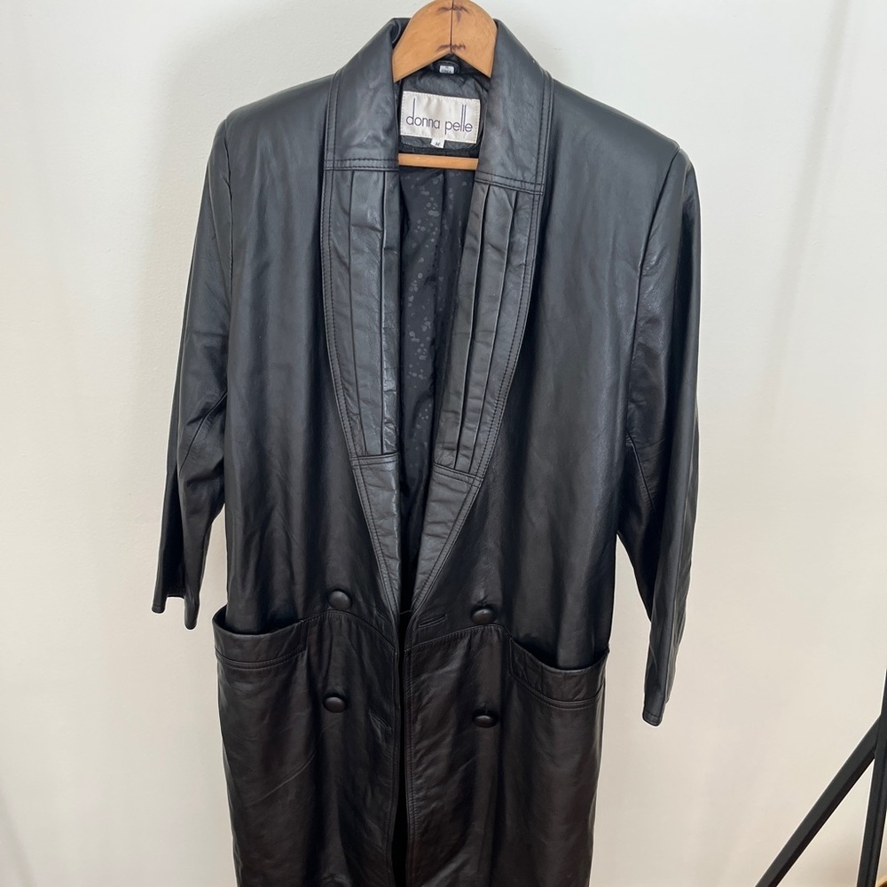 Donna Pelle Vintage Black Leather Coat Size Medium, Genuine Leather